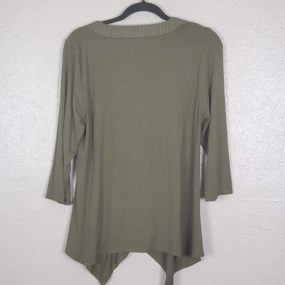 Adrianna Papell Army Green 3/4 Sleeve Shark Bite V-Neck Embroidered Tunic L - Picture 2 of 7